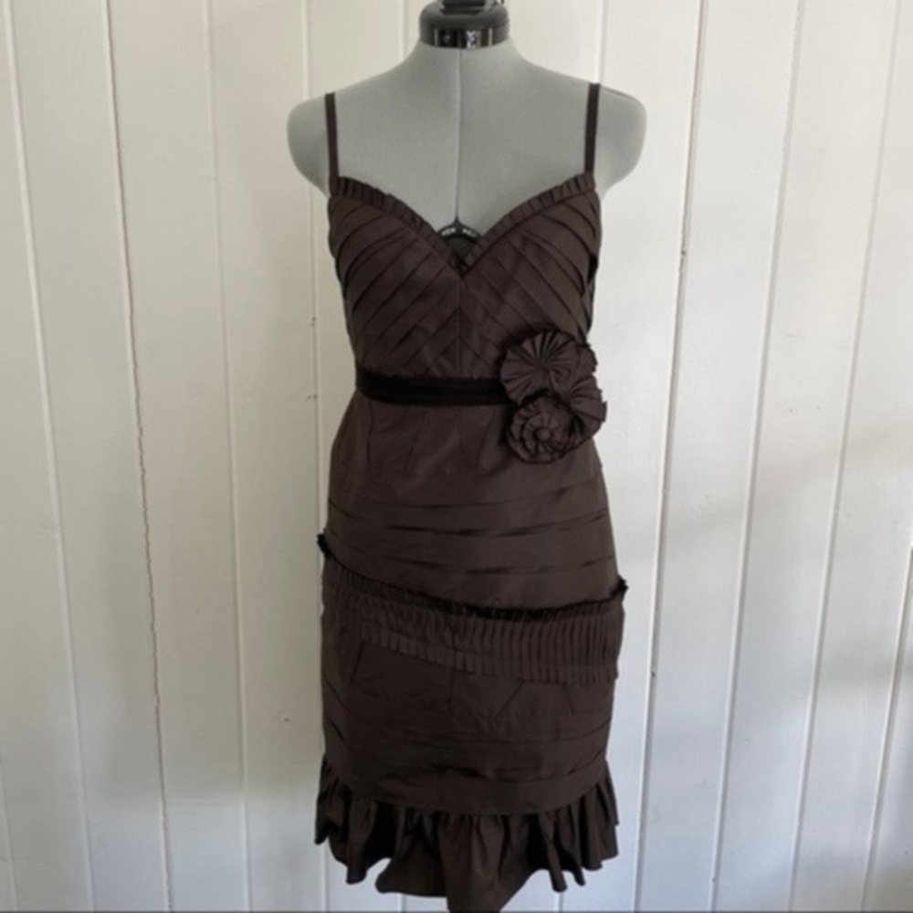 BCBGMaxazria Mahogany Silk Taffeta Pleated Ruffle Party Dress​​​​​